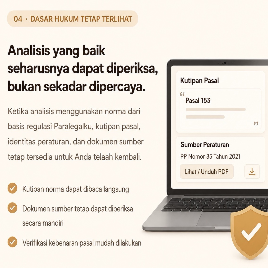Verifikasi dasar hukum dan kutipan pasal pada Paralegalku