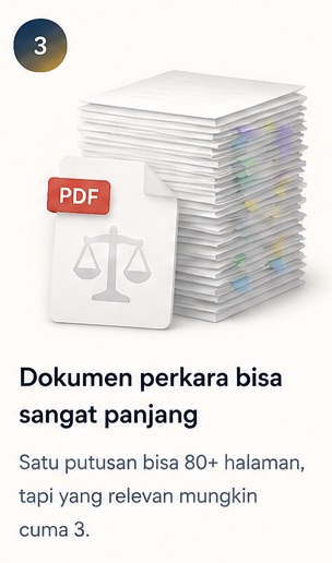 Dokumen perkara bisa sangat panjang. Satu putusan bisa 80 halaman, tapi yang relevan cuma 3.
          loading=